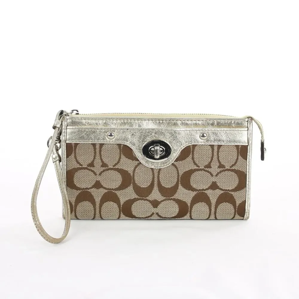 Coach Signature Canvas Turnlock Wristlet Wallet Khaki Brown Leather Trim Y2K
